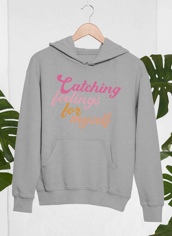 Gray hoodie with colorful 'Catching feelings...' graphic and kangaroo pocket