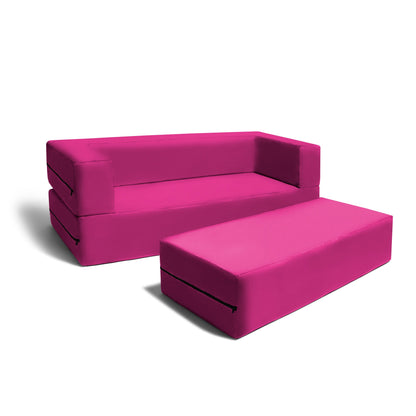 Fuchsia microsuede modular kids sofa with matching ottoman, padded seats
