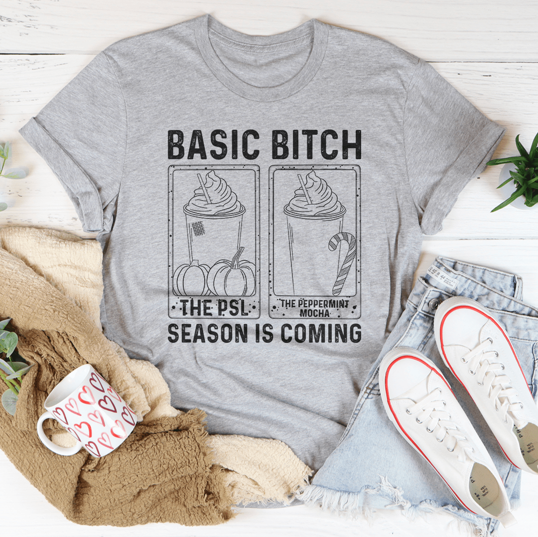 Heather gray crew-neck T-shirt with large front graphic print, short sleeves