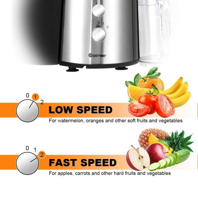 Centrifugal juice extractor close-up of two speed control knobs and feed chute