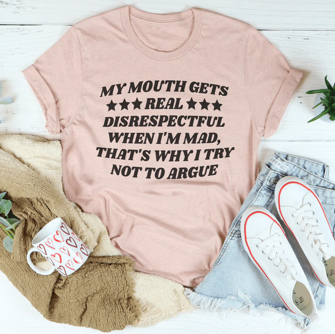 Mauve crewneck T-shirt with bold black quote graphic centered