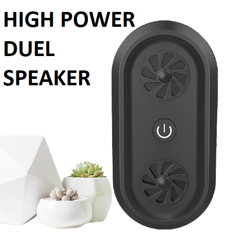 Black ultrasonic pest repellent unit with dual speaker grilles and power button