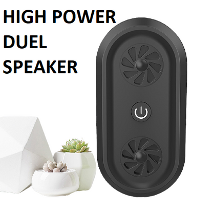 Black ultrasonic pest repellent unit with dual speaker grilles and power button