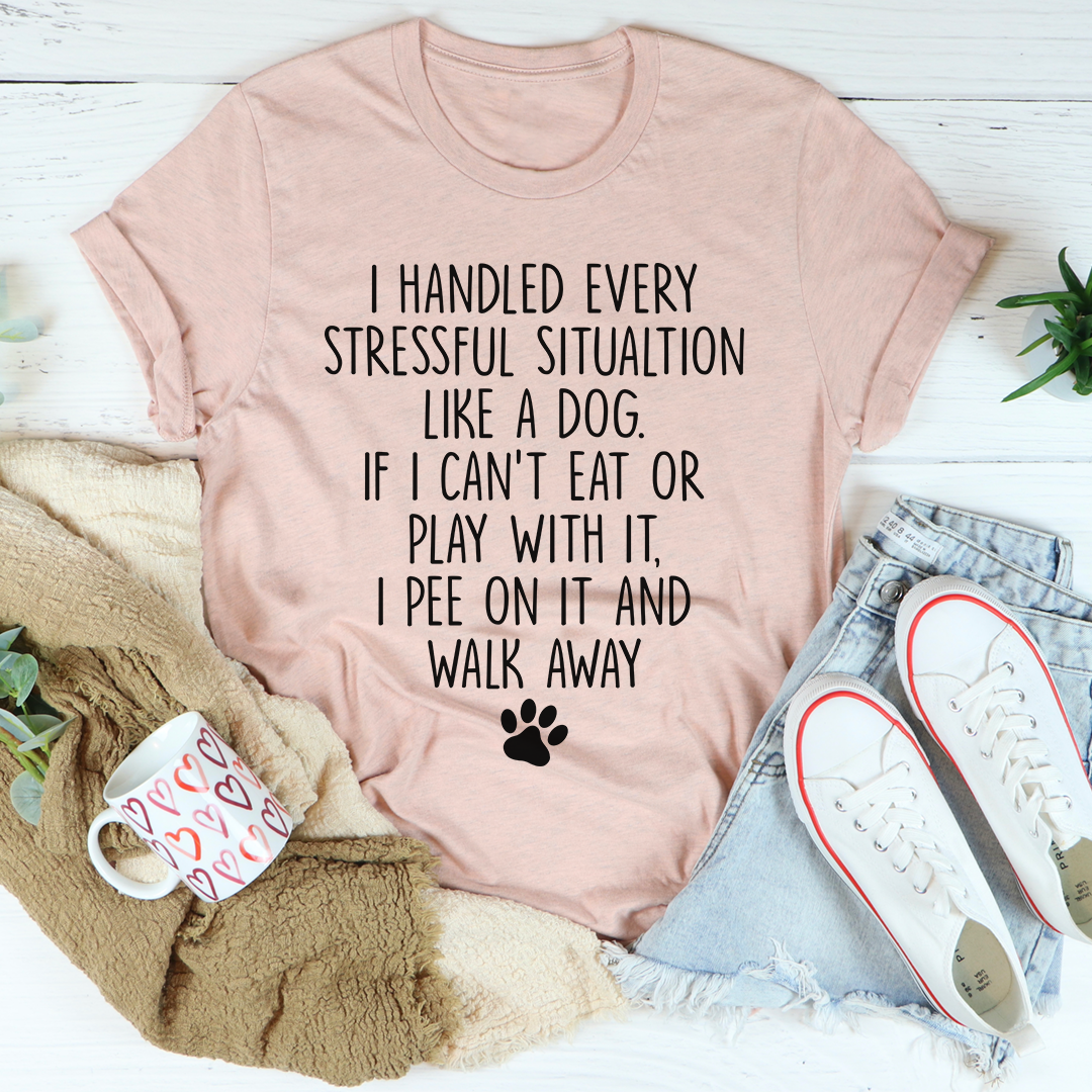 Soft pink T-shirt with dog quote text and black paw print graphic, crew neck