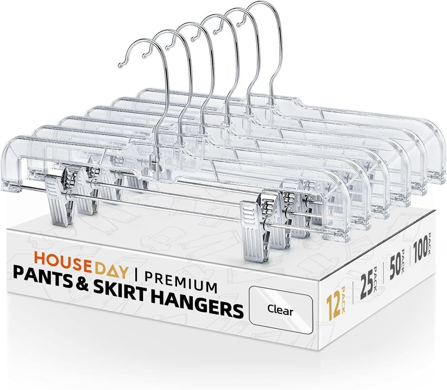 Clear plastic pants and skirt hangers with adjustable clips and 360 swivel hook
