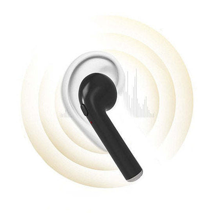 Black wireless earbud with soundwave lines around the speaker