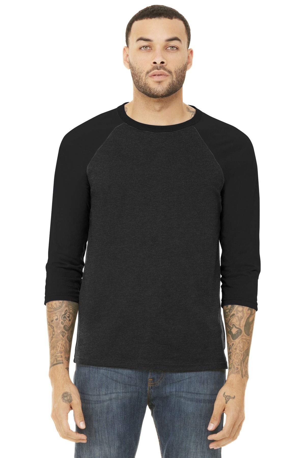 Unisex 3/4-sleeve baseball tee in black with raglan sleeves
