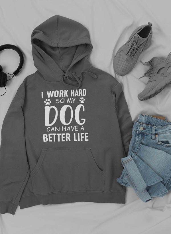 Dark grey hoodie with kangaroo pocket, drawstring hood, front dog-themed graphic