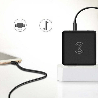 Portable travel multi-power charger, black square with cable and wireless icon