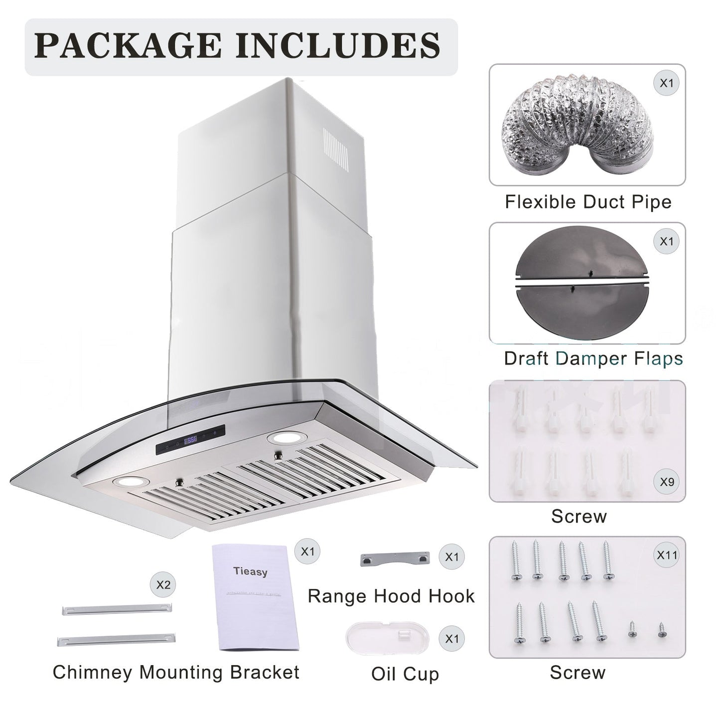 30-inch wall mounted range hood kit shown with duct, damper flaps, screws, and mounting parts