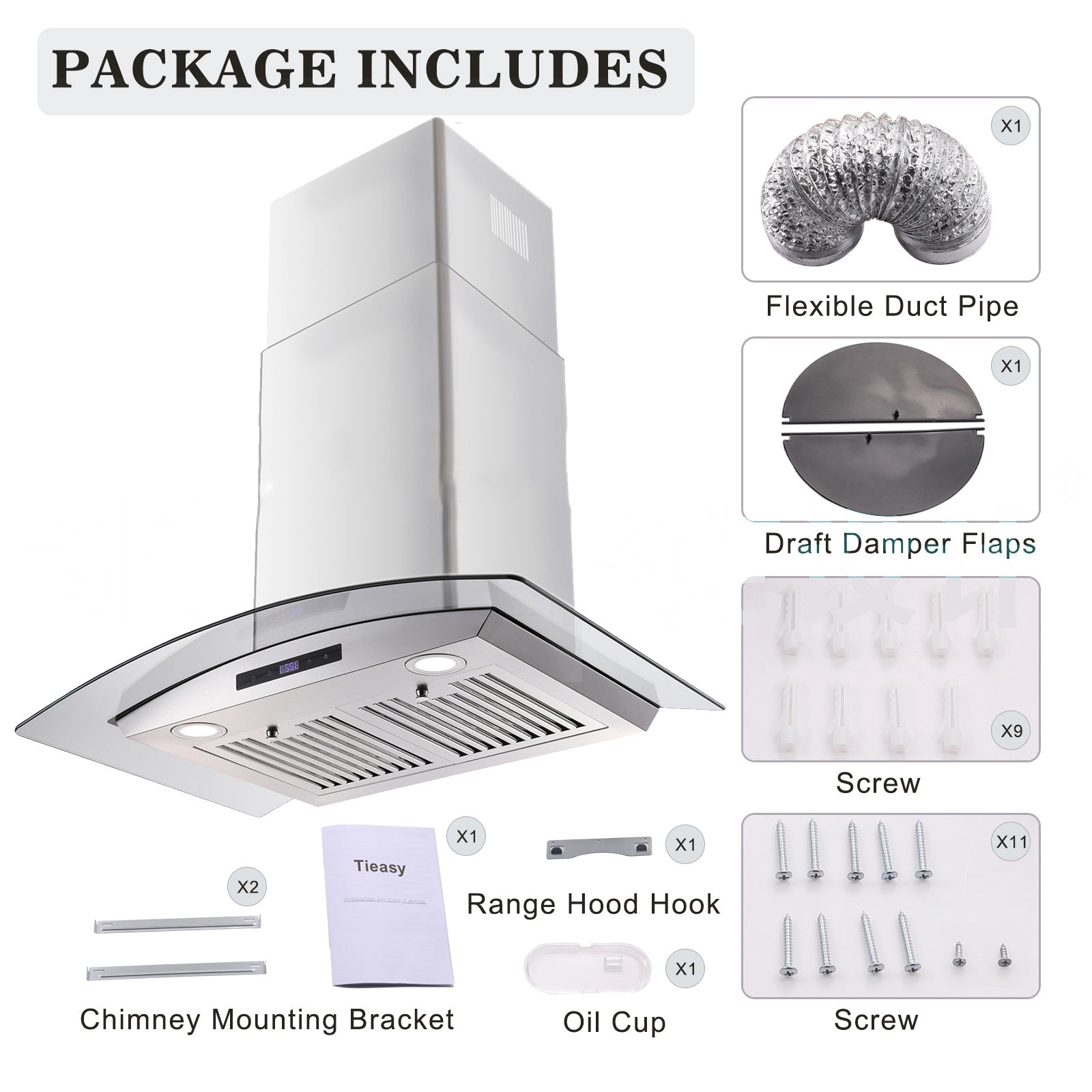 30-inch wall mounted range hood kit shown with duct, damper flaps, screws, and mounting parts