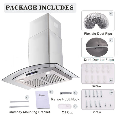 30-inch wall mounted range hood kit shown with duct, damper flaps, screws, and mounting parts