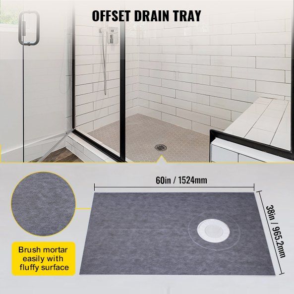 VEVOR Shower Curb Kit, 38"x60" Watertight Shower Curb Overlay with 4\" ABS Offset Bonding Flange, 4\" Stainless Steel Grate, 2 Cuttable Shower Curb and Trowel, Shower Pan Slope Sticks Fit for Bathro