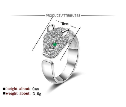 Silver-tone open fox ring with green oval center stone and pavé texture