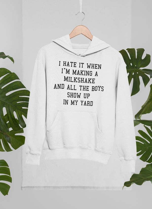 White pullover hoodie with front text graphic and kangaroo pocket