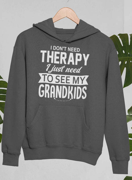 Dark heather hoodie with front pouch pocket, hood, and slogan print