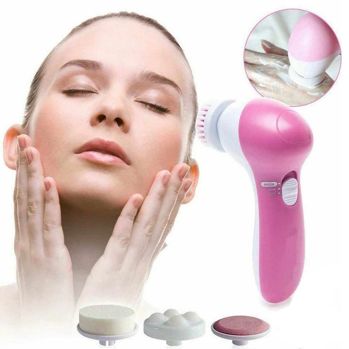 Facial cleansing scrubber set with pink handle and rotating brush heads
