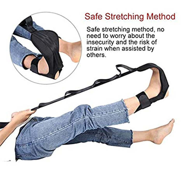 Yoga stretching support strap for ankle stretch, black with padded cuff and belt.