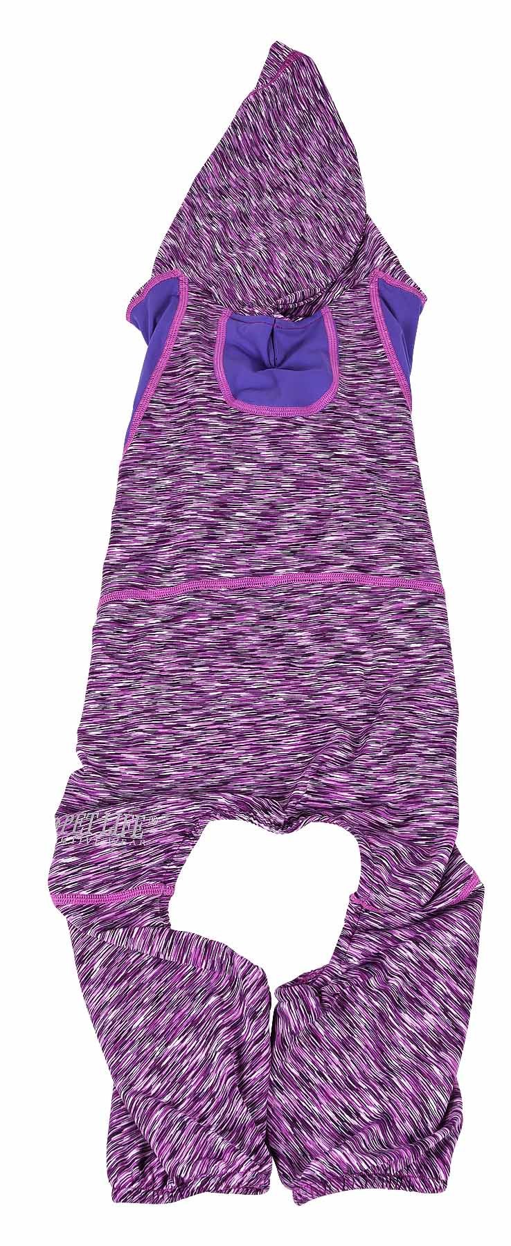 Heathery purple dog jumpsuit hoodie with blue hood lining and front pouch pocket