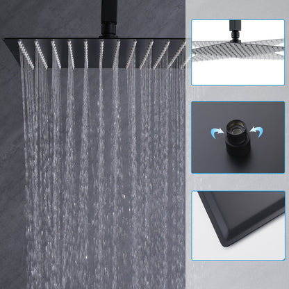 Matte black rain shower head with strong water spray, showing waterfall-style flow