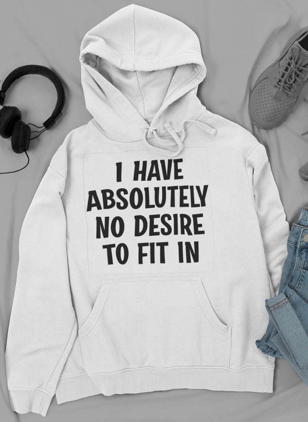 White hoodie with drawstring hood, front pocket, and bold text graphic print.