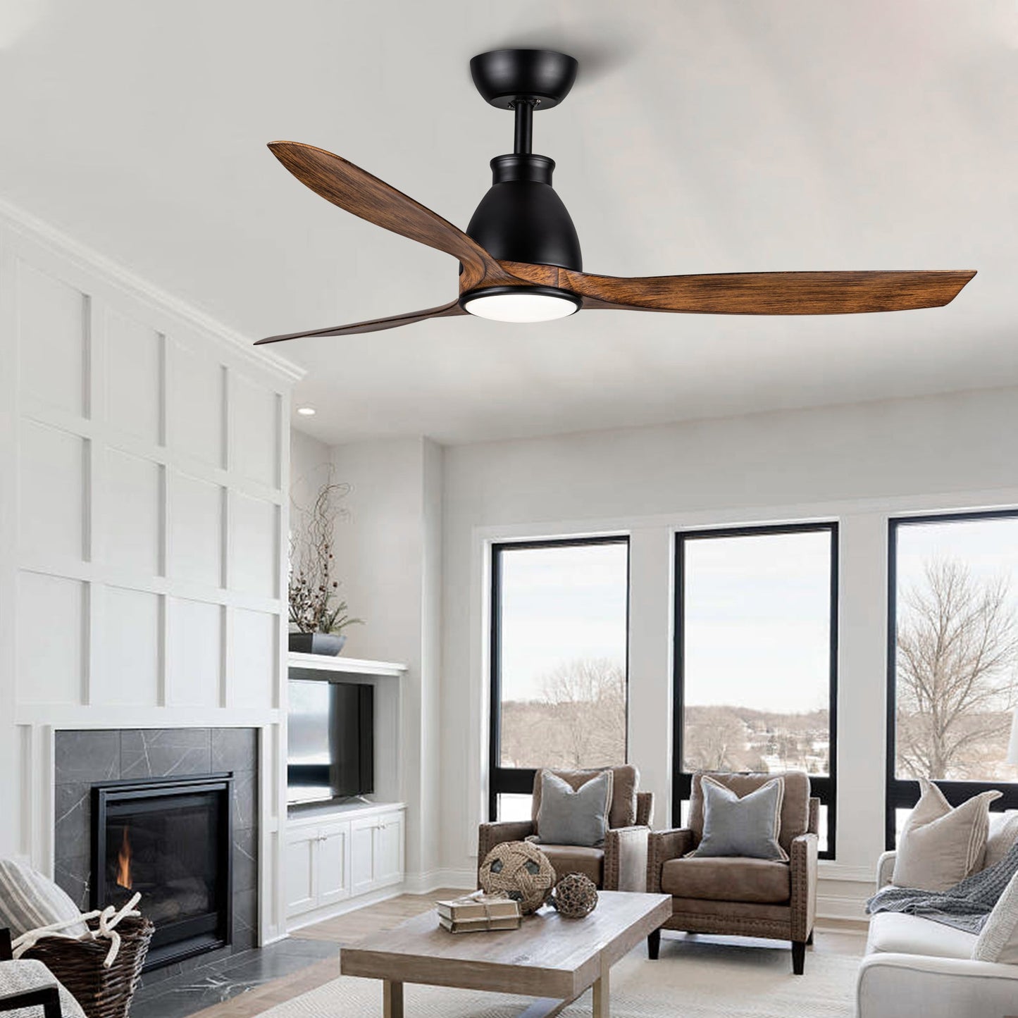 Black ceiling fan with wood blades and integrated light mounted on ceiling