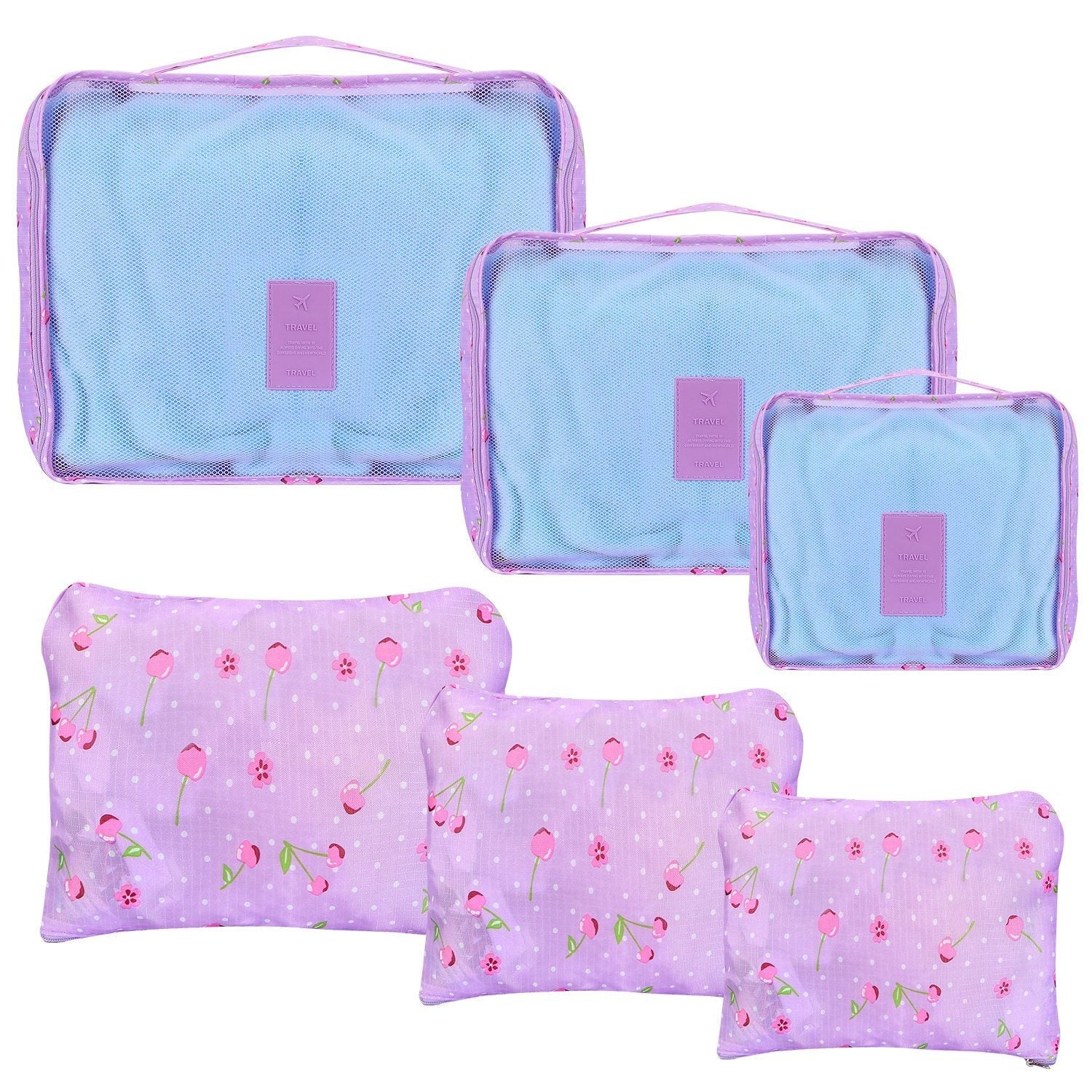 Light blue travel packing cubes with purple trim and matching zip pouches set
