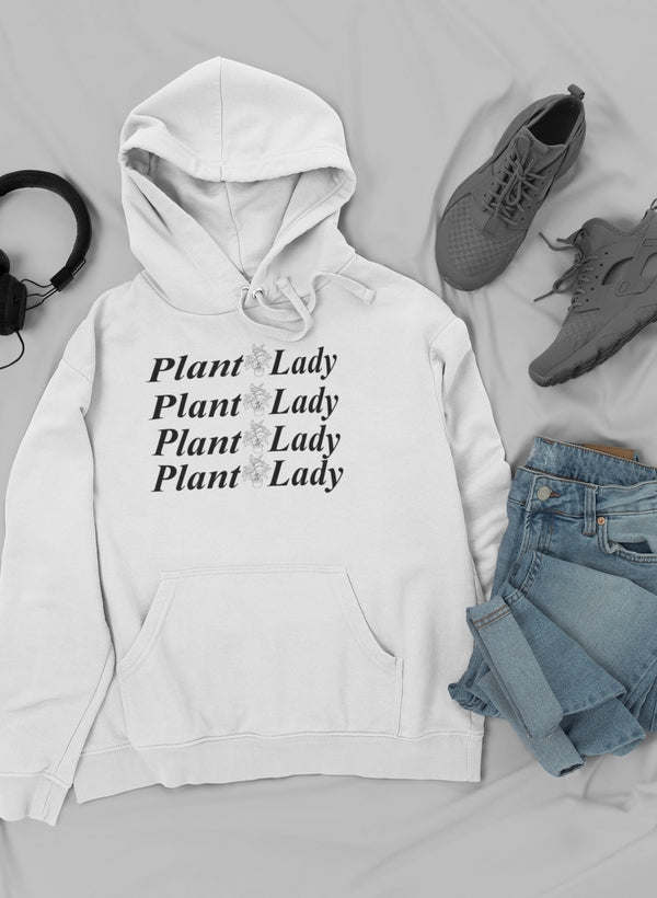 White hoodie with drawstring hood, front pocket, and repeated "Plant Lady" text