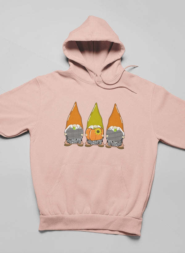 Heather peach pullover hoodie with front pumpkin gnome graphic and kangaroo pocket