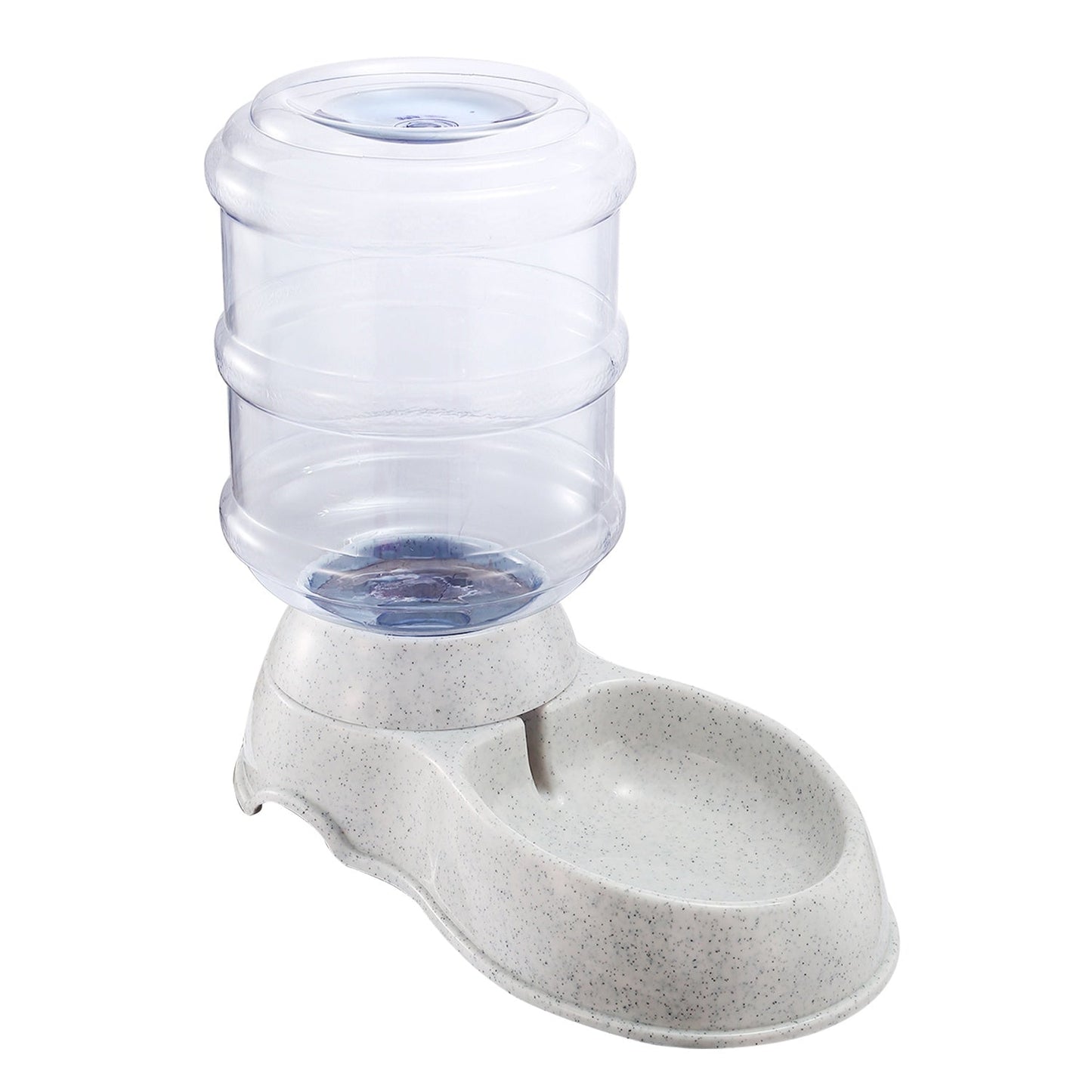 Pet water dispenser with clear barrel and speckled gray base, front refill bowl