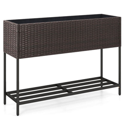 Raised Wicker Garden Bed with Storage Shelf and Removable Liner