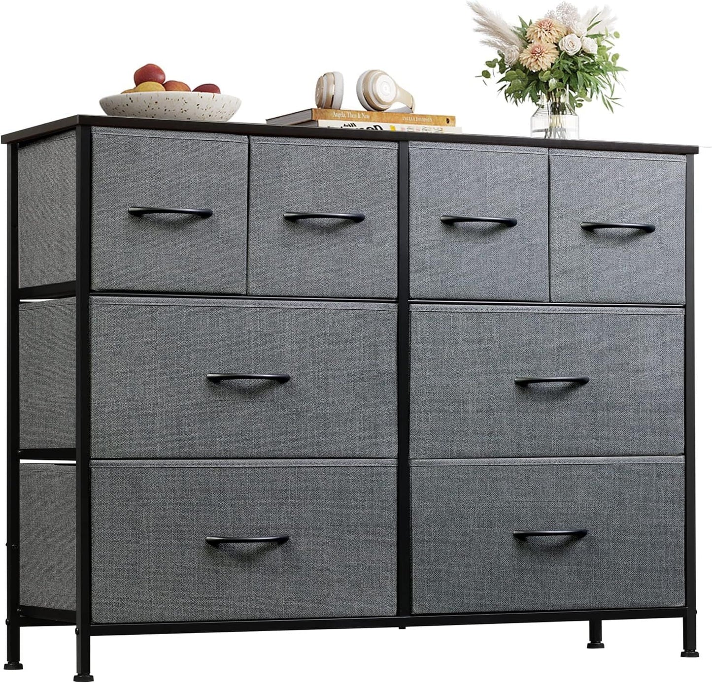 Dresser for Bedroom with 8 Drawers, Wide Fabric Dresser for Storage and Organization, Chest of Drawers, Dressers for Living Room, Closet, Hallway, Dark Grey