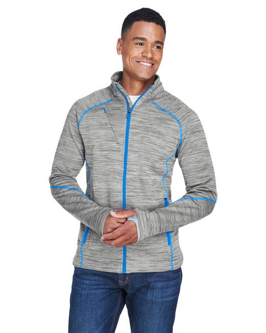 Men's bonded fleece jacket, light gray knit with blue zip and contrast piping