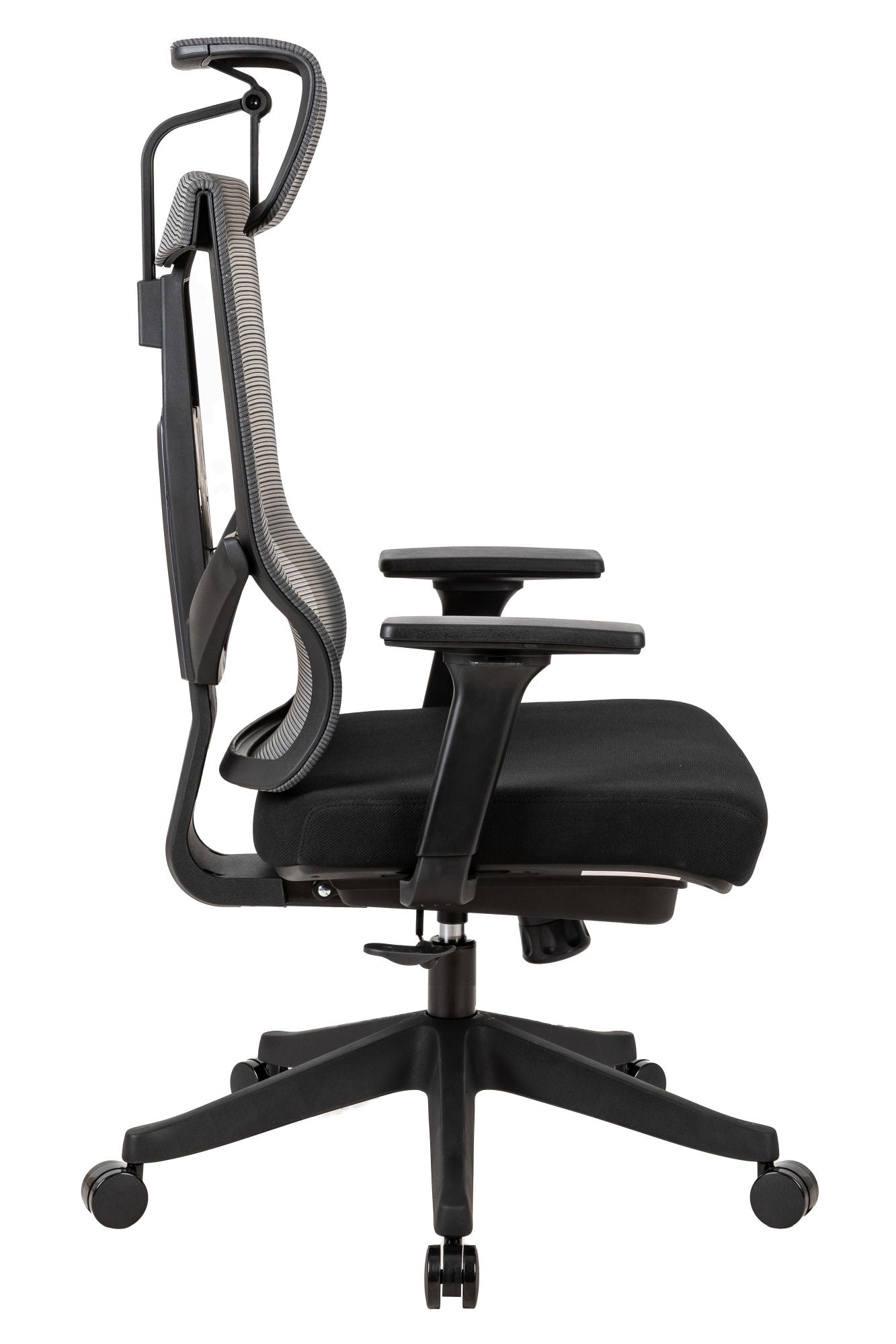 Black office chair side view with high back mesh, headrest, and armrests