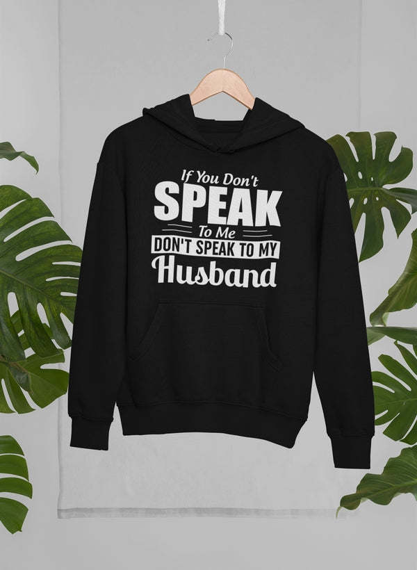 Black hoodie with front quote graphic and kangaroo pocket, pull-on hood