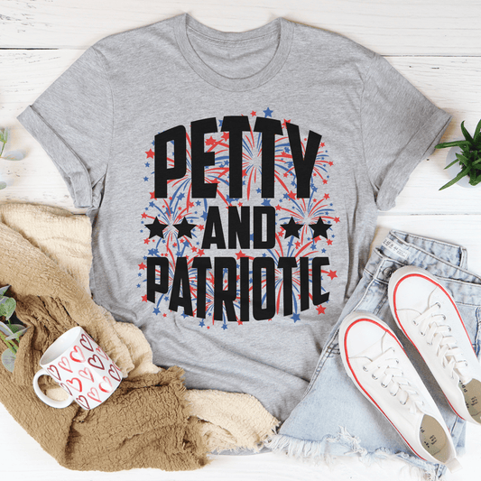 Gray crew-neck T-shirt with 'PETTY AND PATRIOTIC' star graphic