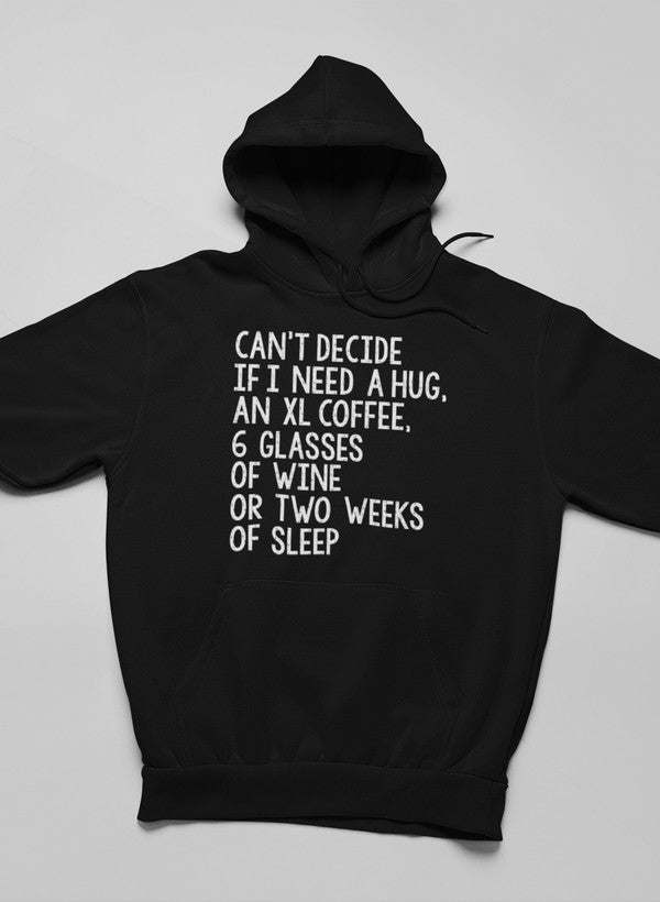 Black hoodie with large front slogan print and kangaroo pocket, hooded sweatshirt
