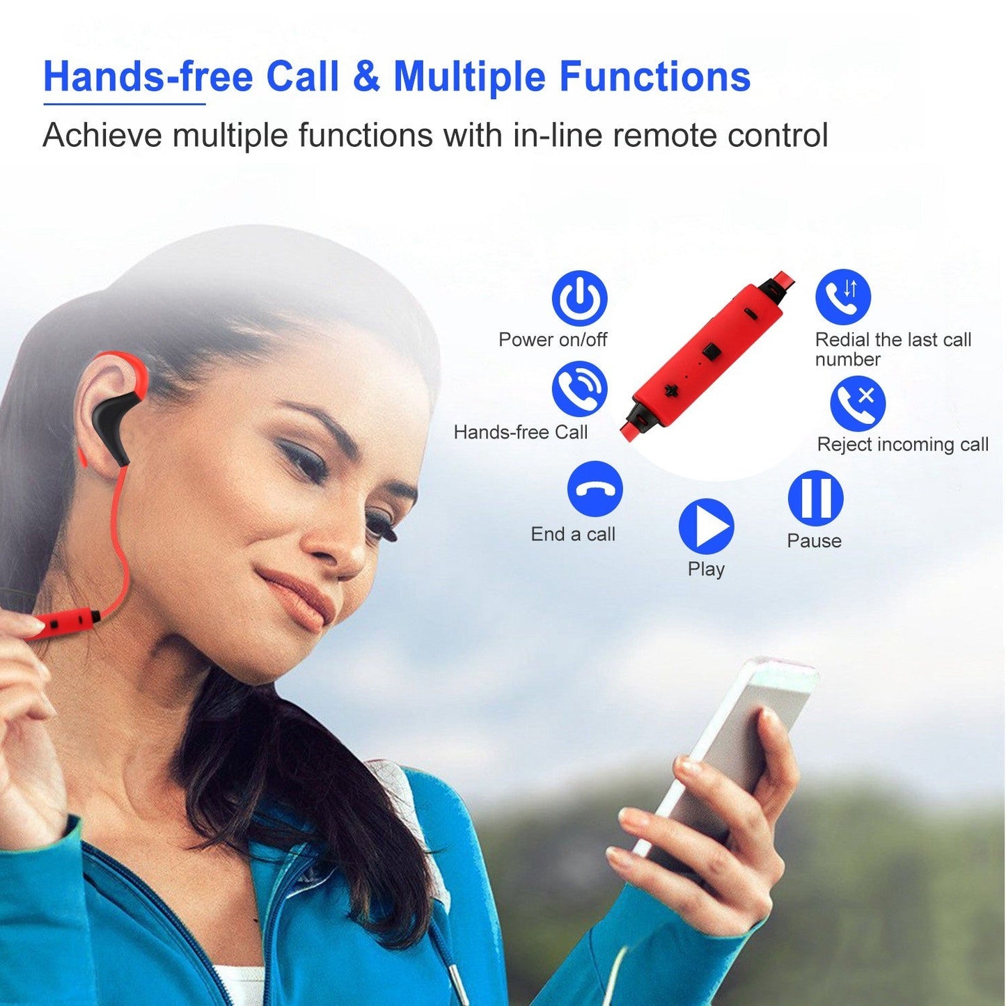 Red and black wireless in-ear headset with over-ear hooks and inline call controls