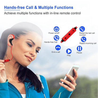 Red and black wireless in-ear headset with over-ear hooks and inline call controls