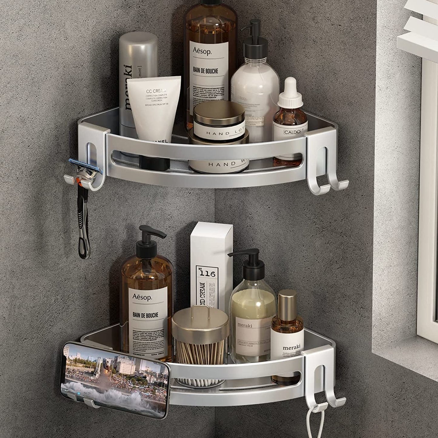 Silver corner shower shelf caddy set with two tiers, side hooks, and razor cup holders