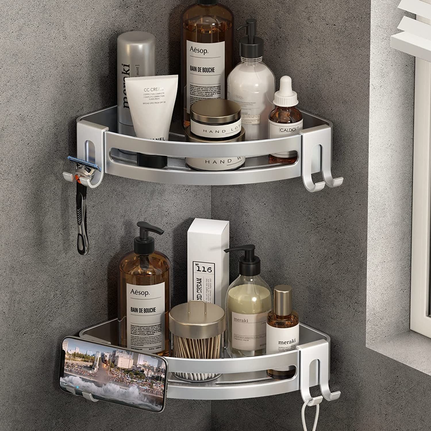 Silver corner shower shelf caddy set with two tiers, side hooks, and razor cup holders