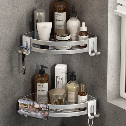 Silver corner shower shelf caddy set with two tiers, side hooks, and razor cup holders
