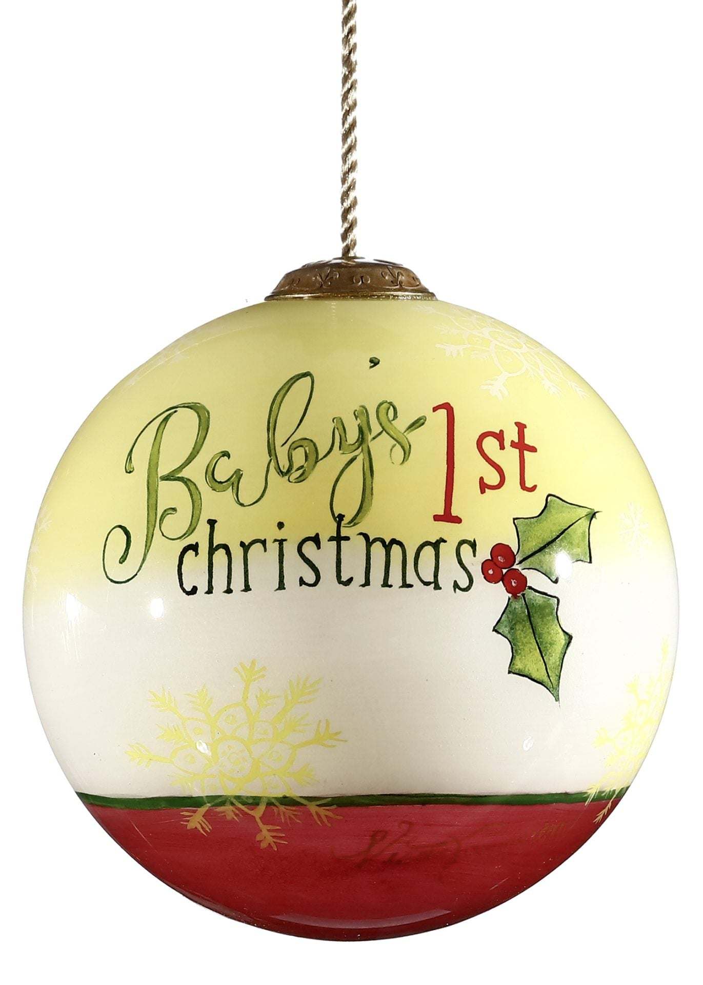 Hand-painted glass hanging ornament ball with 'Baby 1st Christmas' and holly