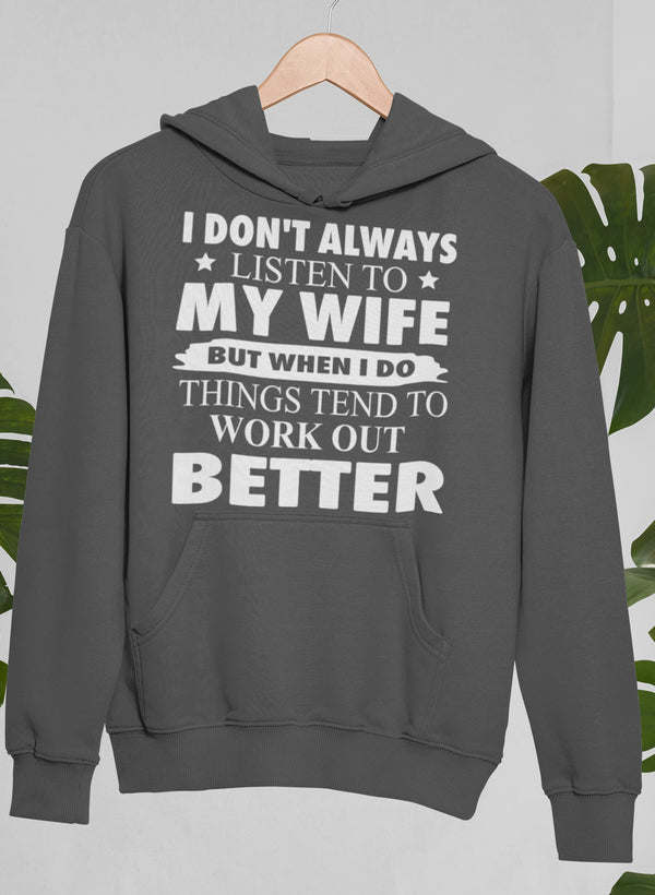 Dark heather gray pullover hoodie with white slogan graphic on chest and kangaroo pocket.