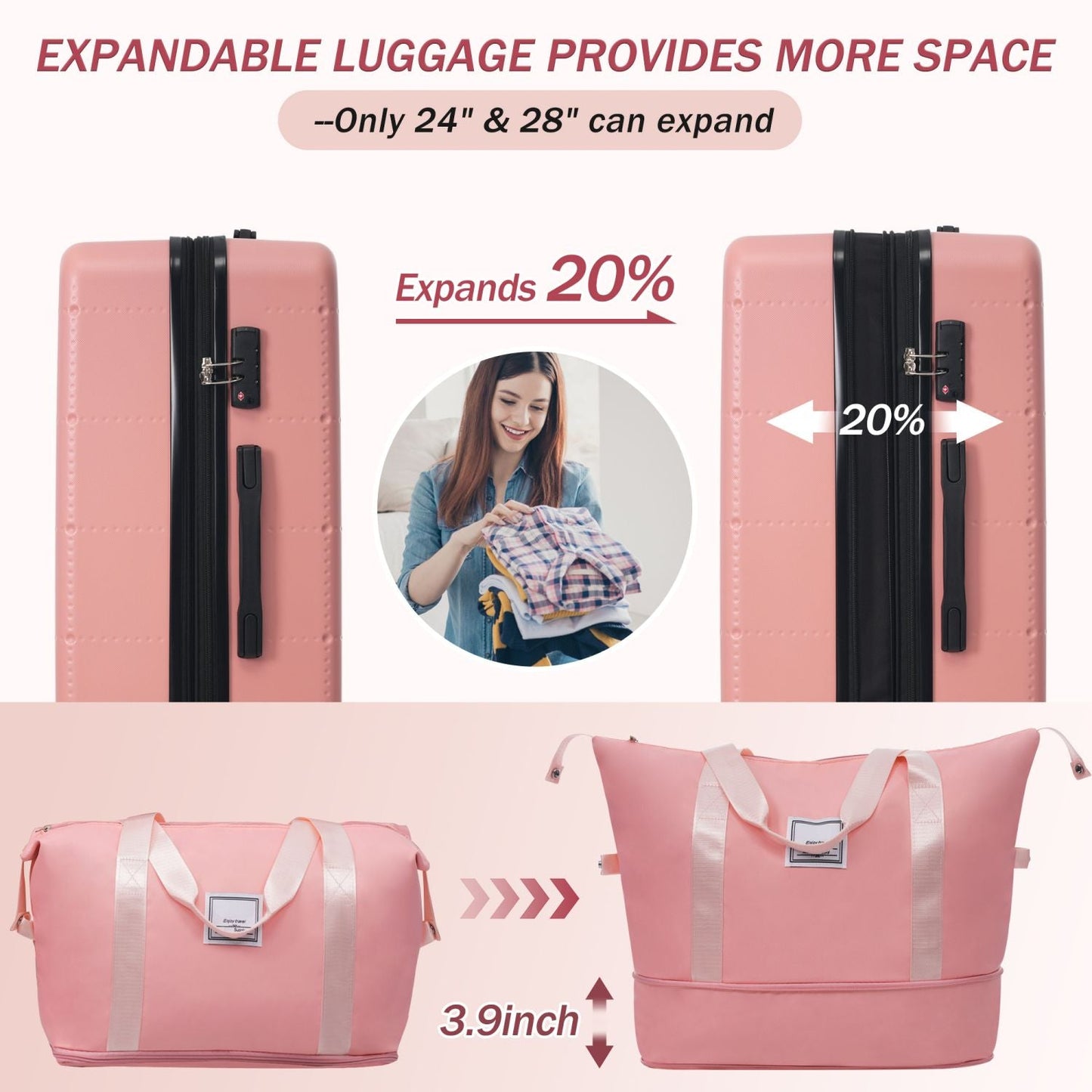 Hardside Luggage Set 5 Piece with Bags,20IN Half-opening Carry on Luggage with USB Port, Expandable 24IN 28IN Luggage with Double Spinner Wheels TSA Lock