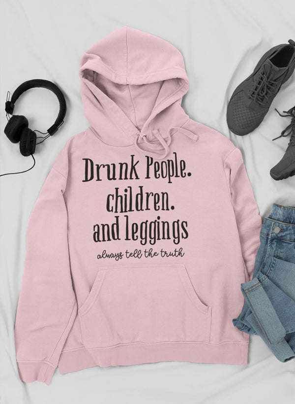 Kids' pullover hoodie in pink with printed front, hood drawstrings, and kangaroo pocket.