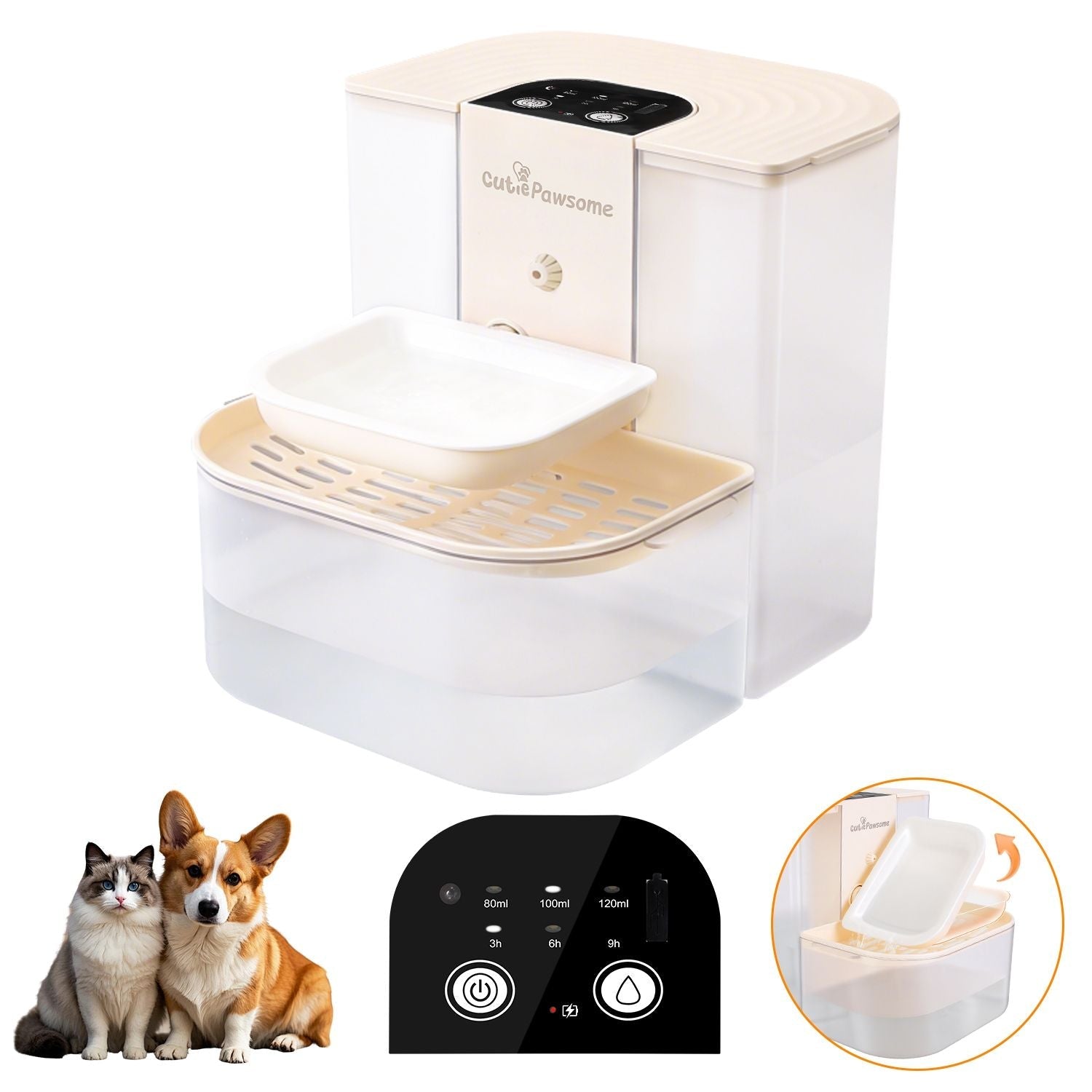 Beige automatic pet water fountain with open basin and top control panel