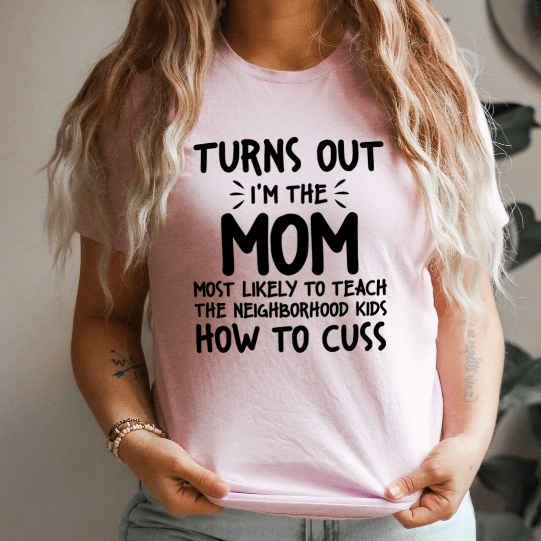 Pink sleeveless T-shirt with 'I'm the Mom' graphic and 'How to Cuss' text