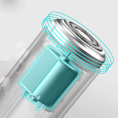 Silver mini USB shaver with circular head and internal blades highlighted