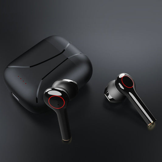 Black wireless Bluetooth earbuds with portable charging case